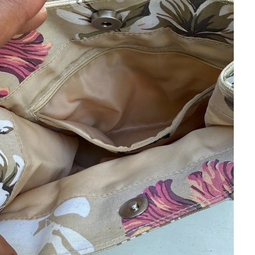 Sunny‎ Hawaii Tropical Floral Hibiscus Canvas Tote Handbag Tan Green Pink